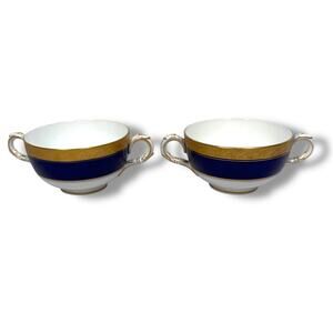 Vintage Royal Worcester Footed Bouillon Cups 3.5" White Blue Gold W7064 Set of 2